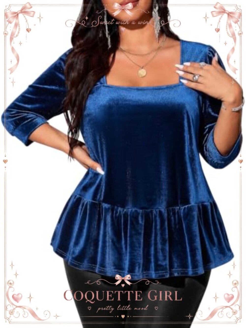 Plus Size Velvet Peplum Tunic Top Square Neck 3/4 Sleeve Dressy Blouse